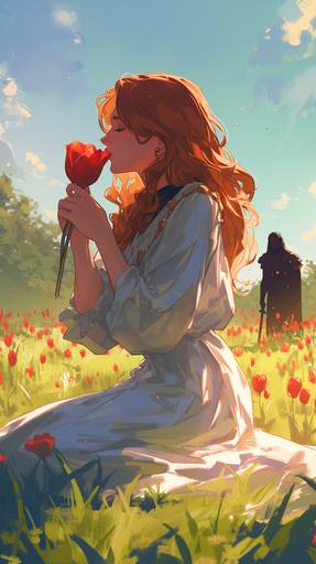 stunning persephone sitting in a green field smelling a tulip, Hades in the background watching persephone, golden hour, detailed, still shot, full body shot, ink art by Austin Briggs, Charlie Bowater, Atey Ghailan, --ar 9:16 --niji 6