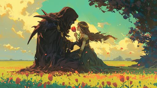 stunning persephone sitting in a green field smelling a tulip, Hades in the background watching persephone, golden hour, detailed, still shot, full body shot, ink art by Austin Briggs, Charlie Bowater, Atey Ghailan, --ar 16:9 --niji 6