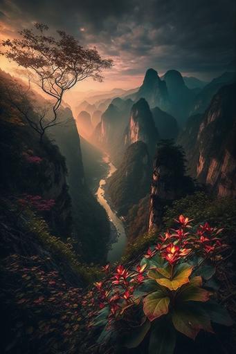 stunning scenery, a view from Angel Falls waterfall, Zhangjiajie National Forest, emerald green foilage, beautiful flowers, stunning cinematography, tonalism, beautiful lighting, sunset --ar 2:3 --q 2
