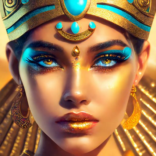 stunning warm golden morning lighting, stunning Egyptian girl with golden eyes pastel neon blue makeup face jewelry in an ultra ornate golden headdress and with Egyptian gold jewelry and gemstones, queen royalty pharaoh, warm rays of sun, face of a ultra stunning girl, head shot, love in her eyes, realistic eyes, beautiful perfect symmetrical face, extremely detailed, ultra hd, hdr, 8k, cinematic, dramatic lighting, studio Portrait Lighting, illuminated face, 85mm, volumetric lighting, ray tracing reflections, unreal render --upbeta --v 4