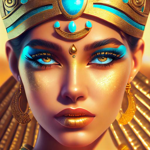 stunning warm golden morning lighting, stunning Egyptian girl with golden eyes pastel neon blue makeup face jewelry in an ultra ornate golden headdress and with Egyptian gold jewelry and gemstones, queen royalty pharaoh, warm rays of sun, face of a ultra stunning girl, head shot, love in her eyes, realistic eyes, beautiful perfect symmetrical face, extremely detailed, ultra hd, hdr, 8k, cinematic, dramatic lighting, studio Portrait Lighting, illuminated face, 85mm, volumetric lighting, ray tracing reflections, unreal render --upbeta --v 4