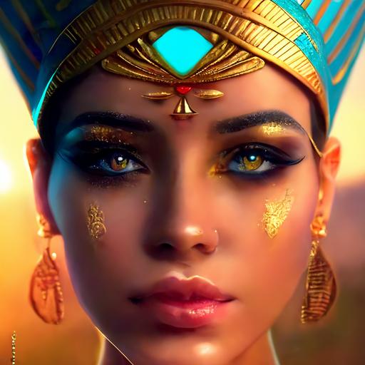 stunning warm golden morning lighting, stunning Egyptian girl with golden eyes pastel neon blue makeup face jewelry in an ultra ornate golden headdress and with Egyptian gold jewelry and gemstones, queen royalty pharaoh, warm rays of sun, face of a ultra stunning girl, head shot, love in her eyes, realistic eyes, beautiful perfect symmetrical face, extremely detailed, ultra hd, hdr, 8k, cinematic, dramatic lighting, studio Portrait Lighting, illuminated face, 85mm, volumetric lighting, ray tracing reflections, unreal render --upbeta --v 4