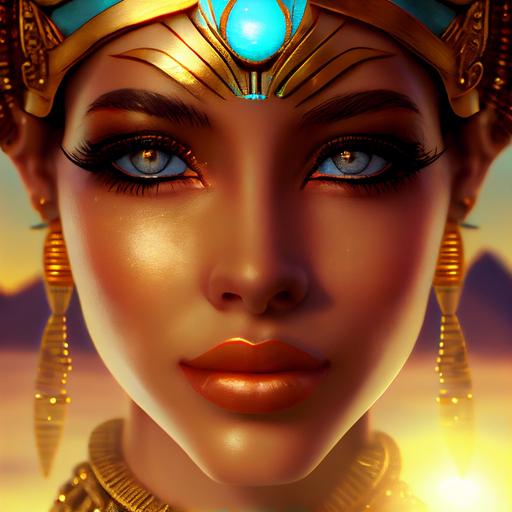 stunning warm golden morning lighting, stunning Egyptian girl with golden eyes pastel neon blue makeup face jewelry in an ultra ornate golden headdress and with Egyptian gold jewelry and gemstones, queen royalty pharaoh, warm rays of sun, face of a ultra stunning girl, head shot, love in her eyes, realistic eyes, beautiful perfect symmetrical face, extremely detailed, ultra hd, hdr, 8k, cinematic, dramatic lighting, studio Portrait Lighting, illuminated face, 85mm, volumetric lighting, ray tracing reflections, unreal render --upbeta --v 4