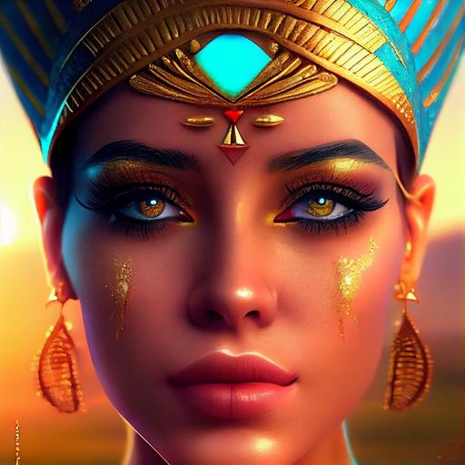 stunning warm golden morning lighting, stunning Egyptian girl with golden eyes pastel neon blue makeup face jewelry in an ultra ornate golden headdress and with Egyptian gold jewelry and gemstones, queen royalty pharaoh, warm rays of sun, face of a ultra stunning girl, head shot, love in her eyes, realistic eyes, beautiful perfect symmetrical face, extremely detailed, ultra hd, hdr, 8k, cinematic, dramatic lighting, studio Portrait Lighting, illuminated face, 85mm, volumetric lighting, ray tracing reflections, unreal render --upbeta --v 4