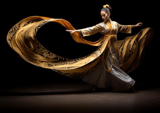 stunning young woman in gold leaf outfit soars in Dunhuang dance with her gold leaf ribbon trailing behind her black background wide angle --ar 7:5