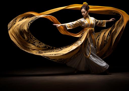 stunning young woman in gold leaf outfit soars in Dunhuang dance with her gold leaf ribbon trailing behind her black background wide angle --ar 7:5