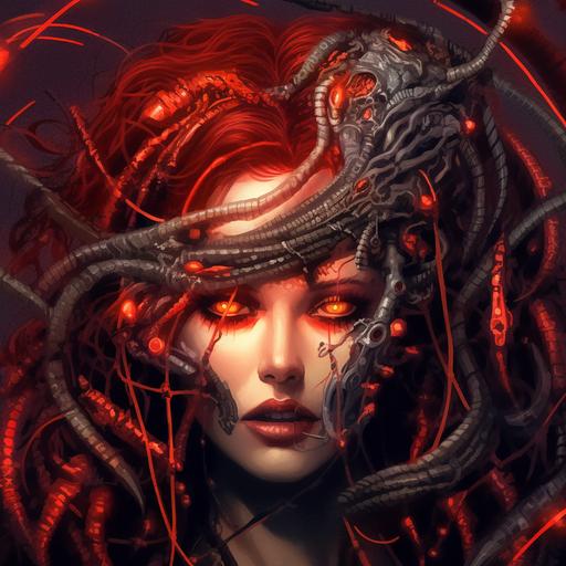 stunningly beautiful and enraged cyborg medusa ,  , king cobras , fangs , barb wire, razor wire , brutalist deathcore biomechpunk art --chaos 44 --s 660 --q 2 --v 5
