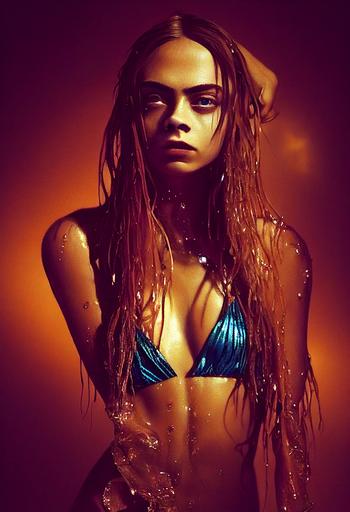 stunningly gorgeous Cara Delevingne , Little Mermaid, looking unbelievably oiled and juicy, with radiant oiled skin wearing an extremely tiny bikini made of only thin strings, failing to contain her massive chest, that hugs contours allowing details of raised bumps underneath to imprint through it poking out, covered in a slick layer of shiny, dripping oil, cinematic lighting, detailed face, detailed body with amazing curves, highly detailed skin, in a servile pose with hands clasped down at her lap making her upper arms are squeezing the fluffy fat chest roll out of the top of her swimsuit, muffin top, Cinematic photo, leica 50 mm prime lens, cinestille 800T film, art photography, --ar 9:16 --upbeta --upbeta --test --creative --upbeta