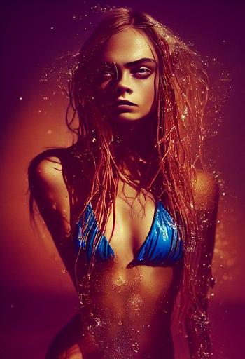 stunningly gorgeous Cara Delevingne , Little Mermaid, looking unbelievably oiled and juicy, with radiant oiled skin wearing an extremely tiny bikini made of only thin strings, failing to contain her massive chest, that hugs contours allowing details of raised bumps underneath to imprint through it poking out, covered in a slick layer of shiny, dripping oil, cinematic lighting, detailed face, detailed body with amazing curves, highly detailed skin, in a servile pose with hands clasped down at her lap making her upper arms are squeezing the fluffy fat chest roll out of the top of her swimsuit, muffin top, Cinematic photo, leica 50 mm prime lens, cinestille 800T film, art photography, --ar 9:16 --upbeta --upbeta --test --creative --upbeta --upbeta