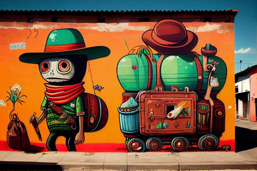style OTÁVIO E GUSTAVO PANDOLFO (OS GÊMEOS), Meixco, Cidade do México, graffiti by MIRKO REISSER, style DAIM, verY y colorful, cheerful, mexico, playing with suitcases arriving at mexico with characters playing, funny and colorful characters, in red, white, orange and black and graffiti style, mexicanos, mexicanos felizes, cactos :: 8k, --ar 3:2 --upbeta --v 4 --s 50