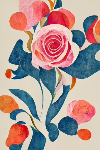 style by henri matisse, style by picasso, simple rose flower bouquet, on light beige background, made of roses, roses have colors blue pink, wallpaper, geometric abstract art, mandelbrot, bauhaus, store-brand --q 0.25 --ar 2:3