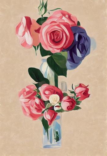 style by henri matisse, style by picasso, simple rose flower bouquet, on light beige background, made of roses, roses have colors blue pink, wallpaper, geometric abstract art, mandelbrot, bauhaus, store-brand --ar 2:3 --test --creative
