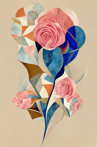 style by henri matisse, style by picasso, simple rose flower bouquet, on light beige background, made of roses, roses have colors blue pink, wallpaper, geometric abstract art, mandelbrot, bauhaus, store-brand --q 0.25 --ar 2:3