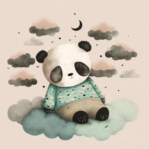 style of Jon Klassen, pastel colored sleepy panda in pyjamas with clouds in the background, bright pastel colors