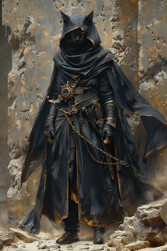 style of Peter Mohrbacher and Zdzisław Beksiński, cat vampire in black and gold attire with chains, in the style of dark gray and light blue, asaf hanuka, subtle shading, dark white and light red, Paladin female, tall figure, arms, legs with leather boots sandals, flowing cloth, drapery, Darksun, platemail scalemail, tanned leather, charming character illustrations, dark gray and light azure --ar 2:3 --stylize 750 --v 6.0
