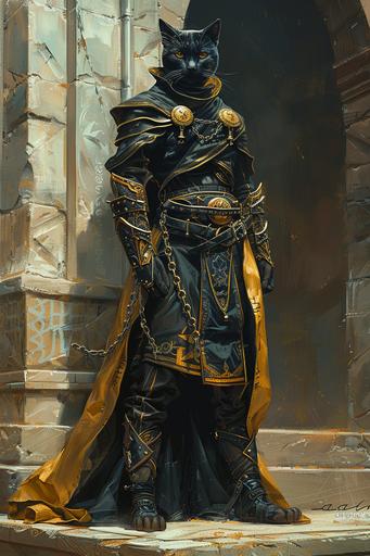 style of Peter Mohrbacher and Zdzisław Beksiński, cat vampire in black and gold attire with chains, in the style of dark gray and light blue, asaf hanuka, subtle shading, dark white and light red, Paladin female, tall figure, arms, legs with leather boots sandals, flowing cloth, drapery, Darksun, platemail scalemail, tanned leather, charming character illustrations, dark gray and light azure --ar 2:3 --stylize 750 --v 6.0
