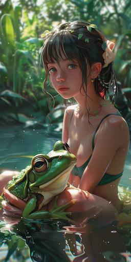 style of littlethunder::2 , an asian girl in 90s Japanese school swimsuits holding a small frog knight in hands, frog is wearing a knight outfit, Japanese school and swimming pool background, sunny, cute. the girl is happy and the frog is confused --ar 1:2