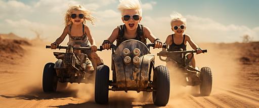 style on a bright sunny day two blonde toddler boys and one blonde toddler girl are racing three convertible cars in the style of Mad Max Fury Road --ar 43:18