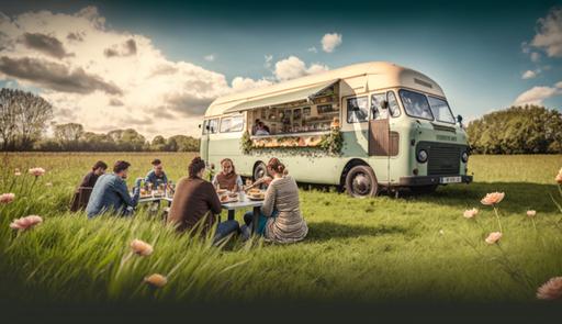 style photo grassy and flowered field , beef burger, brioche bread, bacon, letuce, tomato, green little citroen HY foodtruck in back, people behind sitting in the grass, enjoying spring time, wide shot, natural lighting, production quality, depth of field, cinema photography, professional color grading, exquisite detail, sharp-focus, intricately-detailed, long exposure time, f/2.8, diffuse-back-light, award winning photography, realistic photography. shot on Agfa Vista 200, 4k --ar 16:9 --quality 2