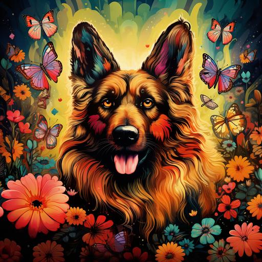 style psychedelic art, 1970s movie poster, hippie male german shepherd dog, no glasses, mushrooms, flowers, buterflies, 8k, 6500x6500 pixel