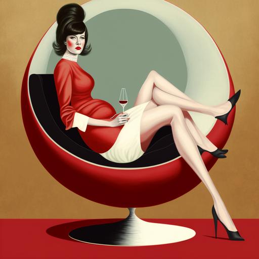 stylish alluring woman sitting in a scarlet egg-chair, long legs, nylons and suspenders, mid century modern, --v 4 --q 2
