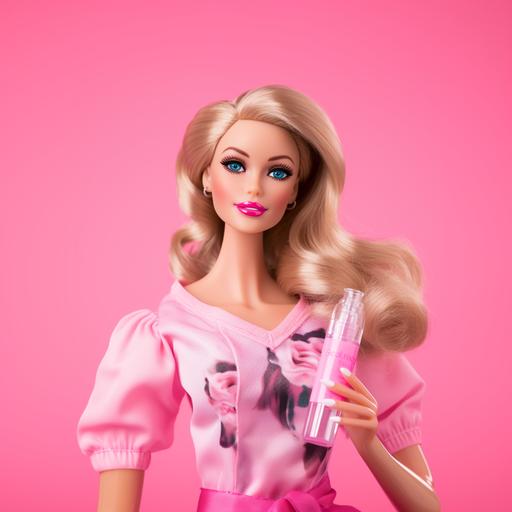 stylish barbie doll holding a skin care tube in her hand, on a pink background