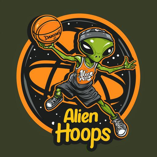 stylized Sci-fi logo of a cute Alien dunking a basketball, wearing a basketball uniform with the infinity sign enscribed on it, and wearing a head band. 