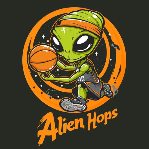 stylized Sci-fi logo of a cute Alien dunking a basketball, wearing a basketball uniform with the infinity sign enscribed on it, and wearing a head band. 