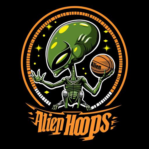stylized Sci-fi logo of an Alien dunking a basketball, 