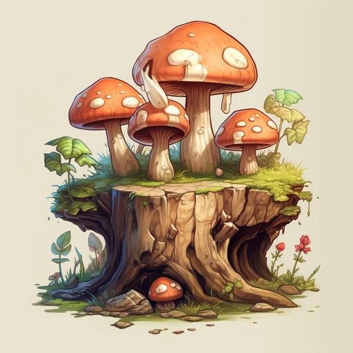 stylized cartoon drawing, tree stump with 4 mushrooms growing