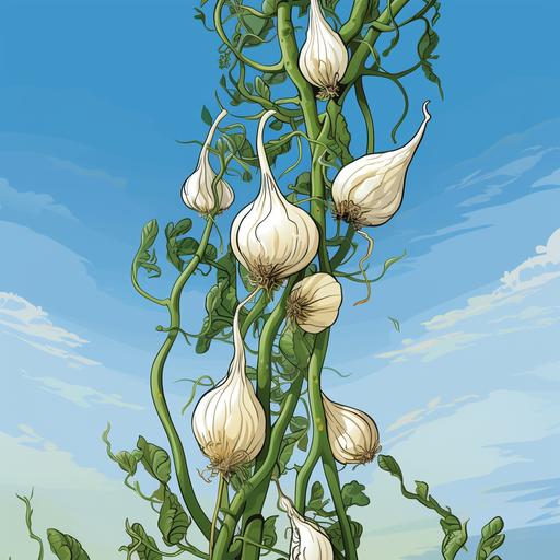 stylized comic, curly climbing vines vertical, garlic cloves growing