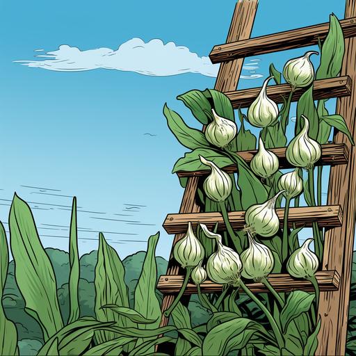 stylized comic, leaf plant on trellis, garlic cloves growing