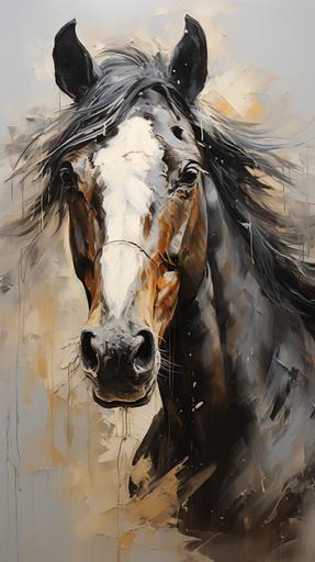 stylized oil painting of a horse face in 3/4 view, abstract art, heavy and rough impasto brush strokes, specular highlights, impasto thick brush, --ar 9:16 --stylize 1000 --v 5.2