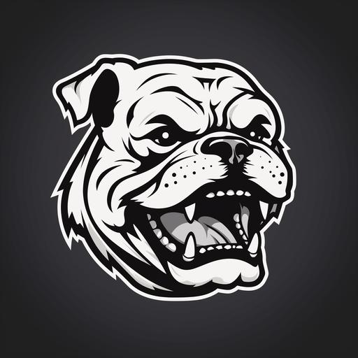 stylized, simplified, black and white, English Bulldog, mouth open, underbite, head only, no body, wearing a spiked collar around its neck, profile, looking right, college football team mascot, in the style of a vector art logo