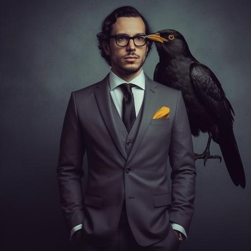 successful guy in a business suit, with the head of a crow