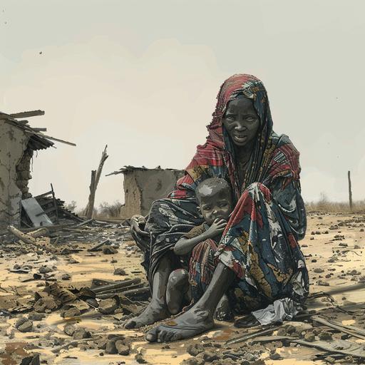sudan woman and child in the arm, hungry sad, detailed, high quality, without shoes, ripped clothes, real not comic, the woman is headbutt, they are sitting, from far, destroyed house,
