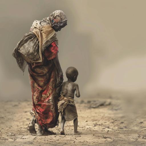 sudan woman and child in the arm, hungry sad, detailed, high quality, without shoes, ripped clothes, real not comic, the woman is headbutt,