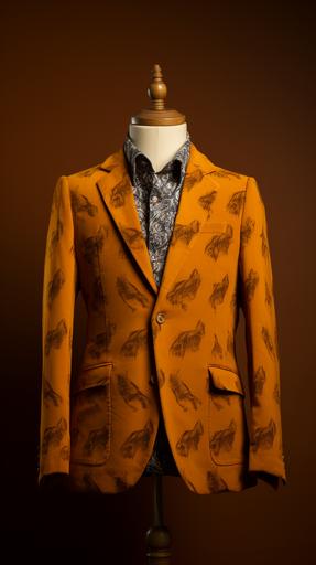 suede blazer designed by wes anderson, fox animal print style, minimalist product photograph on dummy, 8k, --ar 9:16