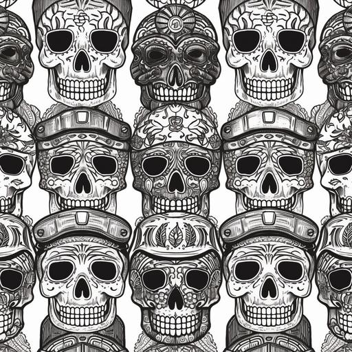 sugar skulls with firefighter helmet in repeating patterns in black and white outline --v 5 --s 250