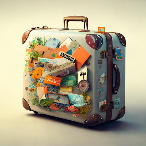 suitcase covered in travel stickers --q 2 --v 4