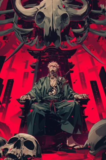 sukuna seated on his throne, looking indifferent, dark red background, skulls, huge ribs, anime scene, matt colours --ar 2:3 --niji 6