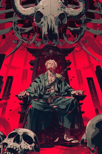 sukuna seated on his throne, looking indifferent, dark red background, skulls, huge ribs, anime scene, matt colours --ar 2:3 --niji 6