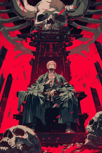 sukuna seated on his throne, looking indifferent, dark red background, skulls, huge ribs, anime scene, matt colours --ar 2:3 --niji 6