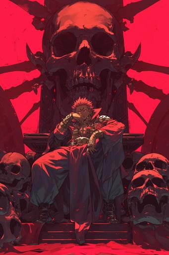 sukuna seated on his throne, looking indifferent, dark red background, skulls, huge ribs, anime scene, matt colours --ar 2:3 --niji 6