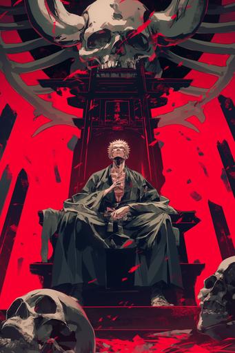 sukuna seated on his throne, looking indifferent, dark red background, skulls, huge ribs, anime scene, matt colours --ar 2:3 --niji 6