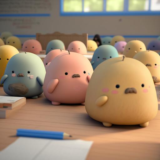 sumikko gurashi animals learning in the classroom, simple anime style, unreal engine, RGB colors, 3D