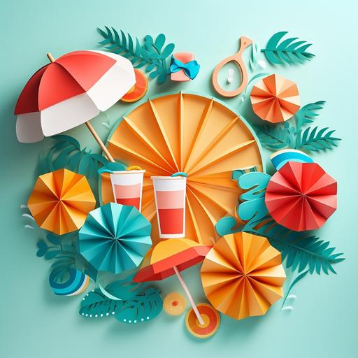 summer party graphic logo made up of paper cut out layering with beach balls, cocktails, parasol