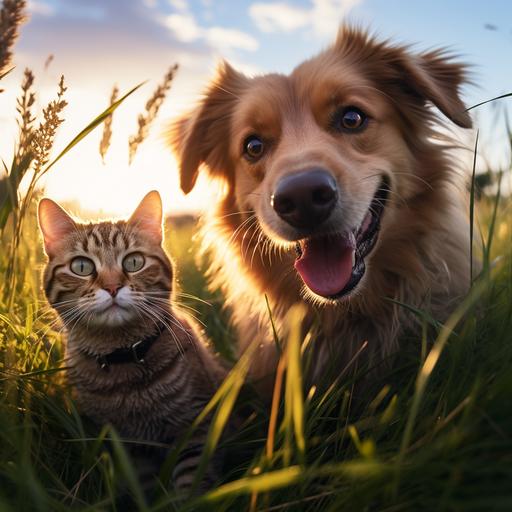 summer sunrise in tall grass, warm feeling, a happy dog rolling and a stray cat around in the grass, low angle shot