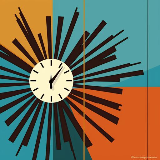 sun coming down on the clock screen, in the style of mid-century illustration, bold, cartoonish lines, dark cyan and dark amber, linear perspective, psychological phenomena illustrations, contrasting balance, pigeoncore, an illustration of a sun and clock in a blue and brown background, in the style of experimental compositions, bold lines, bright colors, ray metzker, cartoon compositions, imaginative prison scenes, dark yellow and dark cyan, mid-century illustration, a retro style clock with a sun on the blue and brown background, in the style of graphic lines, minimalist painter, brightly colored, editorial illustrations, imaginative prison scenes, dark cyan and yellow, contrasting balance