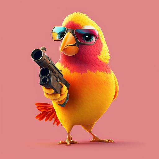 sun conure bird, hold a pink gun, cartoon character, Al Pacino looking at it, realistic, 8k